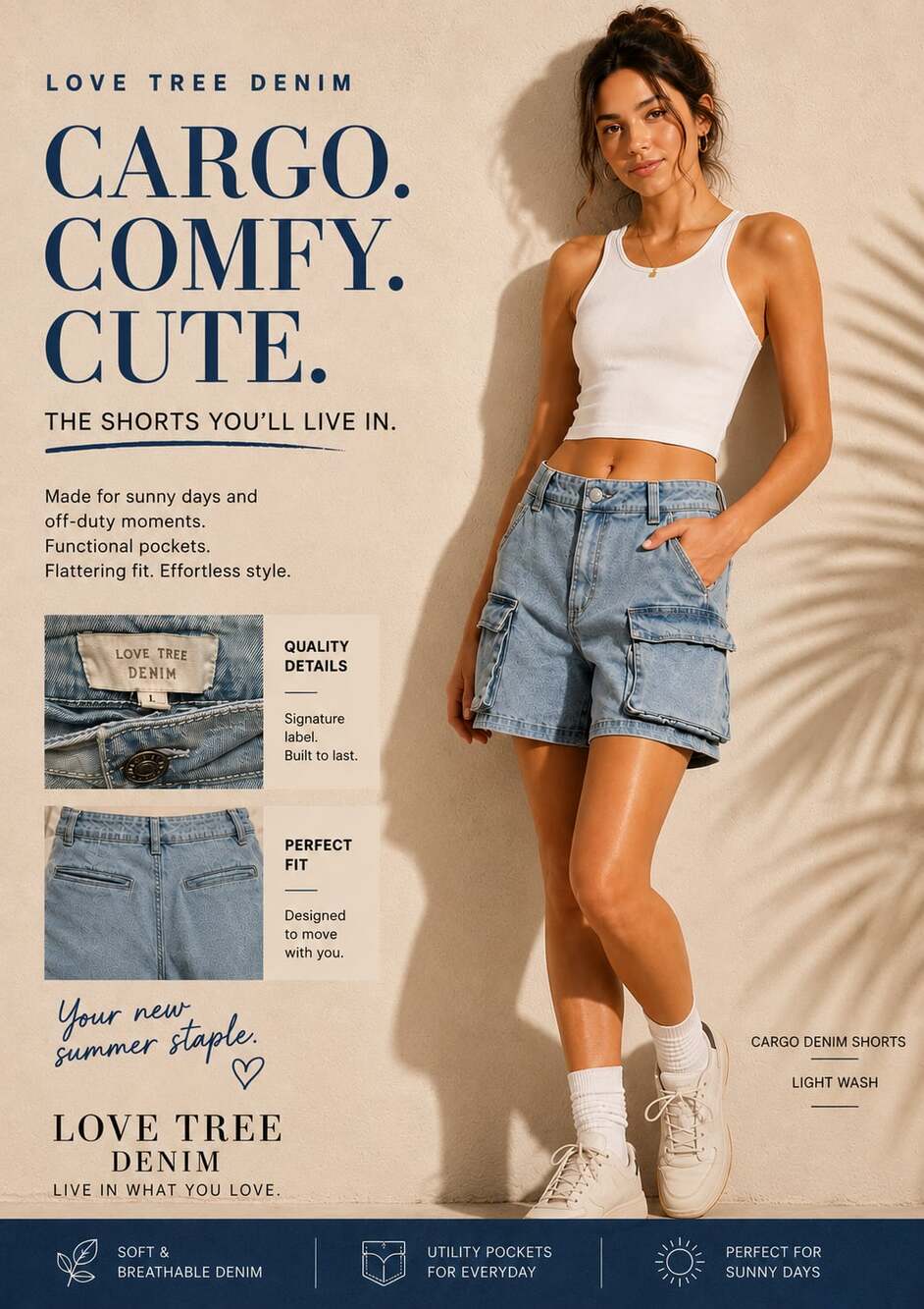 Love Tree Denim Cargo Denim Shorts in Light Wash